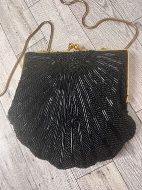 Elegant Black Beaded Evening Clutch with Gold Frame